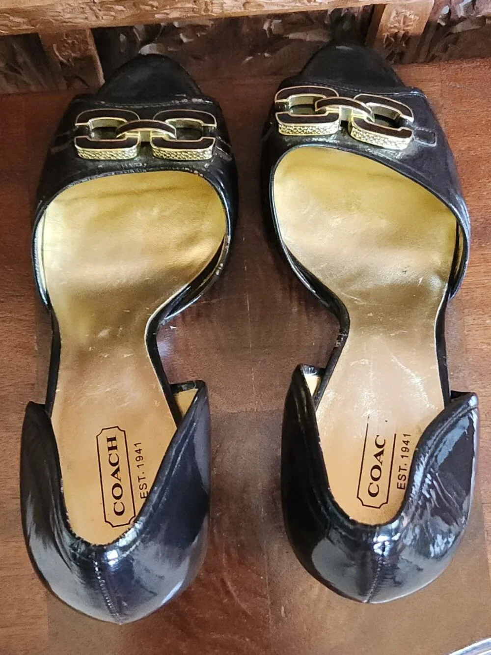Coach Belinda Black Leather Heels with Gold Accents